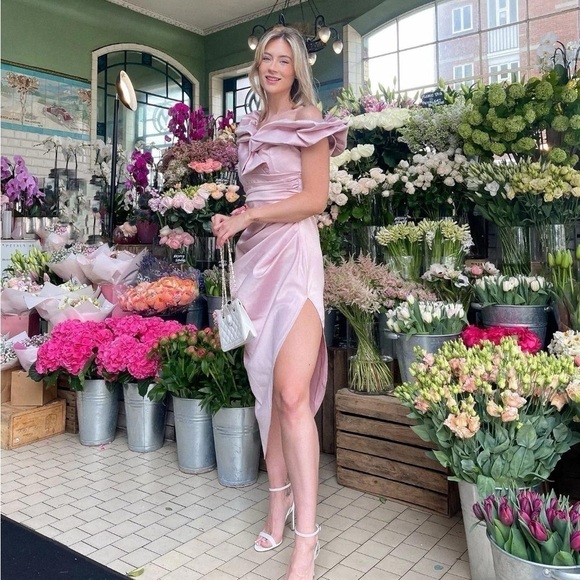 Womens Dresses | Blush Satin Off Shoulder Ruffle Midi Dress - Picture 2 of 11